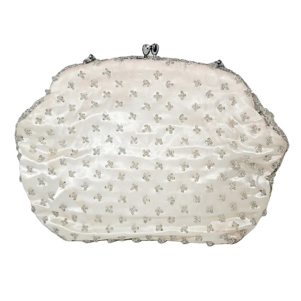 Vintage Off White Beaded Evening Formal Purse Bag Beige Metal Clasp Closure READ - Picture 9 of 12